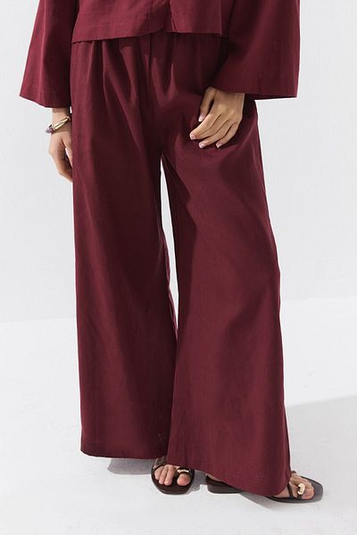 Hooopstore Lyocell Linen Flowy Elastic Burgundy Trousers