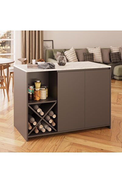Bimossa Vino L5130 Mutfak Adası 127cm Mermer Üst Antrasit Alt Şaraplık Depolamalı Oturmalı Masa Bar Masası