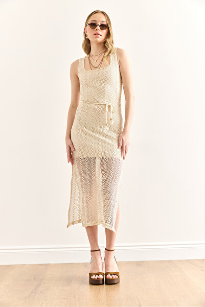 Olalook Women's Stone U-Neck Lined Belted Lace Dress Elb-19002432