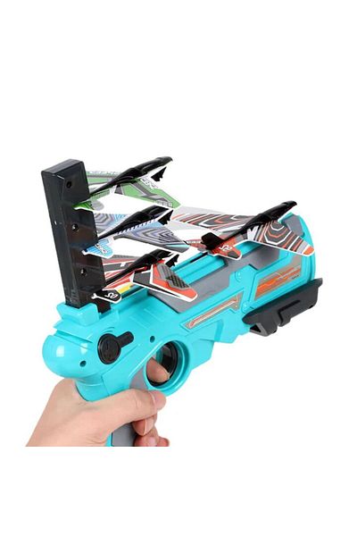 MACVI Pistol Lansator Macvi® cu 4 Avioane, Jucarie Interactiva pentru Copii, Design Sigur, Albastru