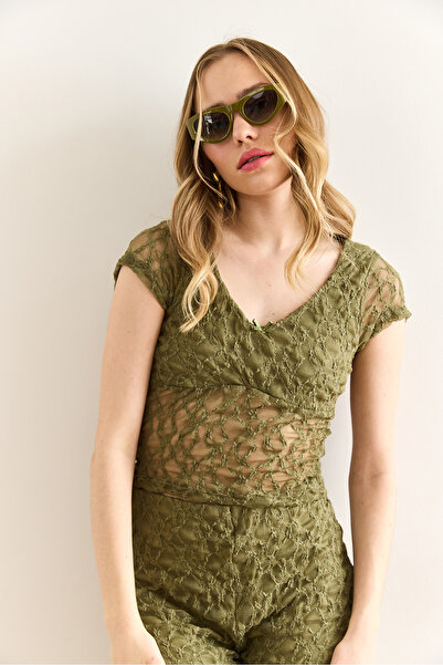 Olalook Kadın Haki Roba Astarlı V Yaka Crop Dantel Bluz BLZ-19003002