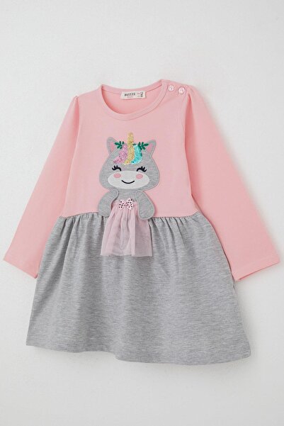 Breeze Kız Çocuk Elbise Pullu Nakışlı Kedicik 1-4 Yaş, Pudra