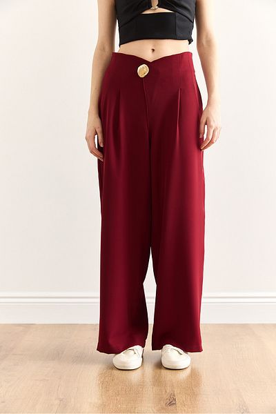 Olalook Women's Burgundy Button Detailed Zippered Flowy Wide Leg Pants Pnt-19000346