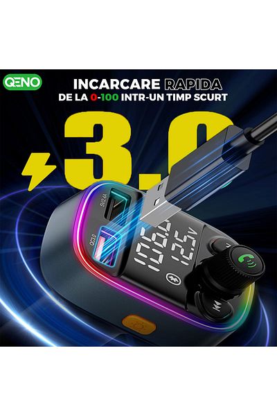 qeno Modulator FM Auto Qeno® BT 5.0, 10 Funcții, USB-C+QC3.0, RGB, Handsfree, Voltaj Baterie, Negru