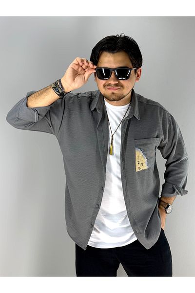 MARESHAL Embroidery Straw Pocket Detailed Oversize Shirt(Grey)