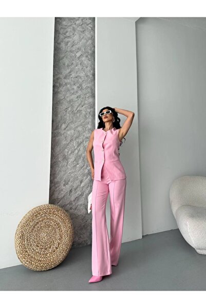 ZF BUTİK Women's Top and Bottom Set Stylish Button Detailed Vest Trousers Two Piece Set