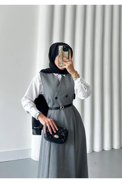 Molly Nelly Γυναικείο πολύ κομψό μακρύ γκρι τζιλέ με κουμπιά