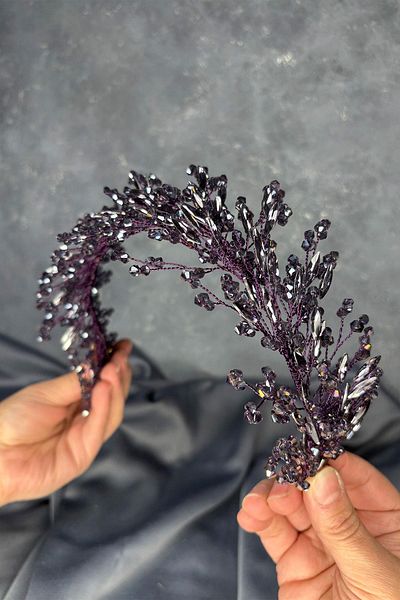 Hayalperest boncuk Dark Purple Hera Crystal Beaded Bridal Henna Crown Hair and Turban Accessory