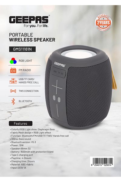 Geepas Portable Wireless Speaker/FM/USB/BT/1x36