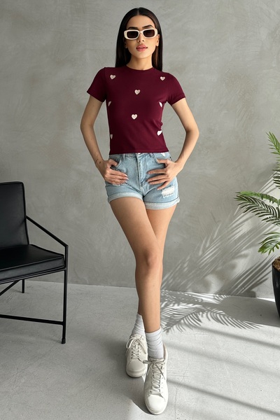 BAİA COLLECTION Burgundy Heart okrugla kragna ženska majica