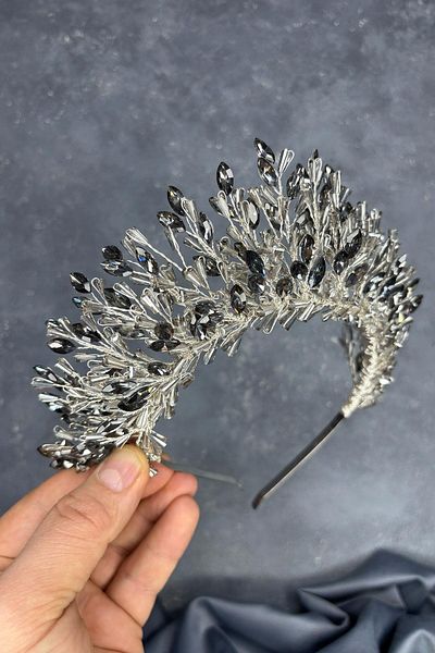 Hayalperest boncuk Anthracite Gray Maria Intensely Embroidered Crystal Bridal Henna Crown Hair Accessory