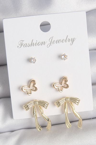Mu Art Ahşap Brass Gold Color Zircon Stone Bow Model Butterfly Detail 3 Pairs Women's Earring Set