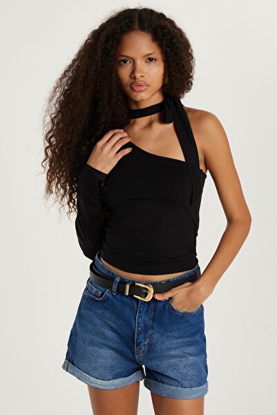 Tudors Women's Standard Fit Ribbed Single Sleeve Asymmetric Collar Black Blouse