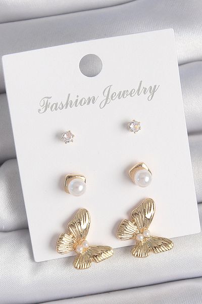 SeyCey.co Brass Gold Color Zircon Stone Pearl Butterfly Model 3 Pair Women's Earring Set
