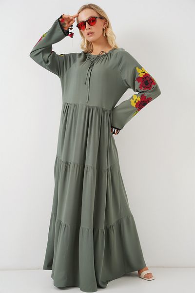 Bigdart Haftowana długa sukienka 2534 - Khaki