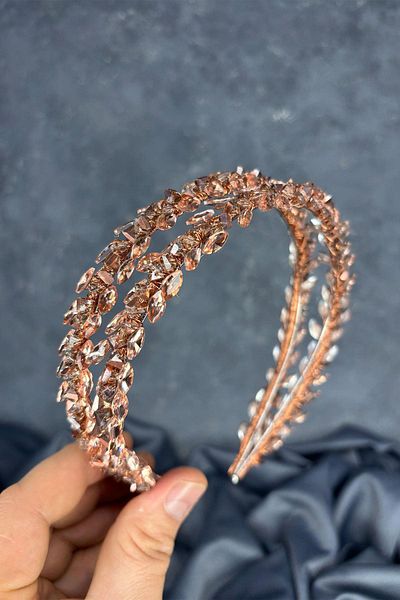 Hayalperest boncuk Rose color double row rhinestone lea bridal hair accessory bride henna crown