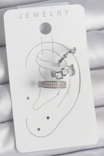 E BULURUM Brass Silver Color Zircon Stone 3-Piece Model Square Bamboo Model Women's Cartilage Earrings