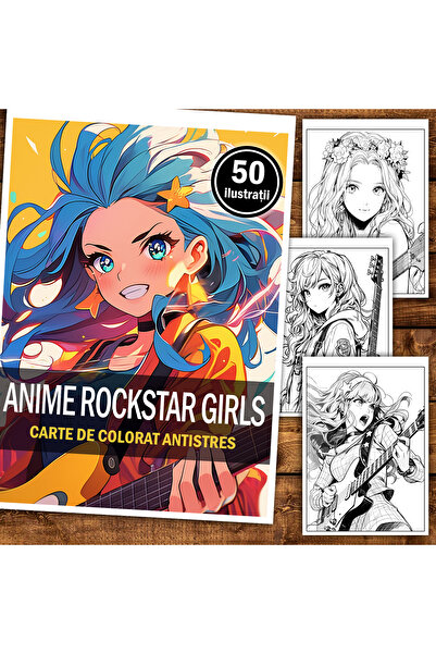 Legendary Gifts Carte de colorat antistres, 50 de ilustrații, fete anime rockstar