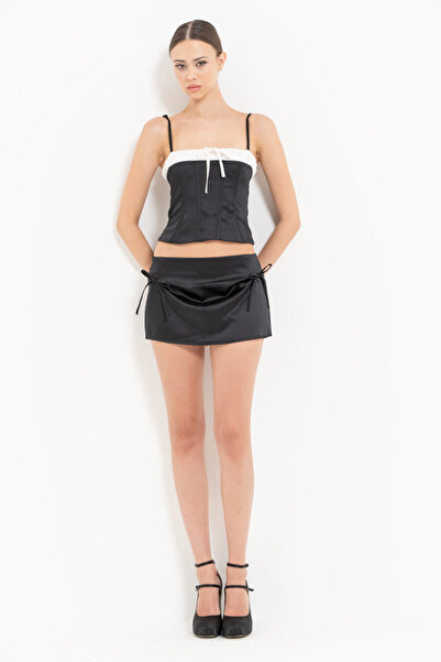 Kikiriki Black Contrast Detailed Satin Bustier & Mini Skirt Set