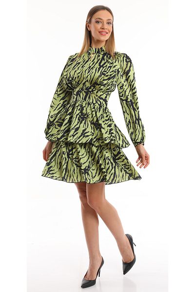 Miss Allos Women's Green Zebra Patterned Stand Collar Gathered Mini Length Satin Dress