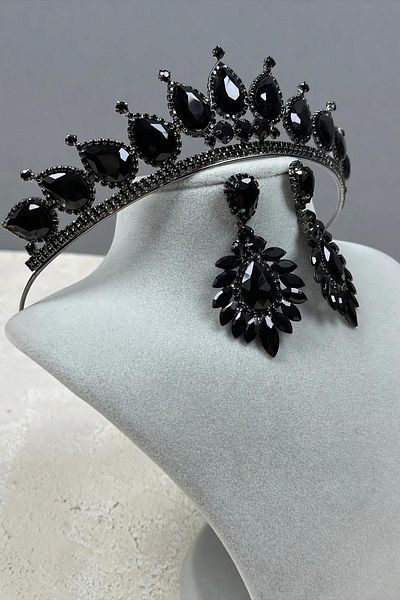 Hayalperest boncuk Neri Model Wedding Henna Costume Crown and Drop Shuttle Earrings Set Black
