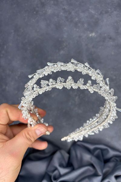 Hayalperest boncuk Transparent Pearl Sare Model Double Row Bridal Henna Crown Hair Accessory