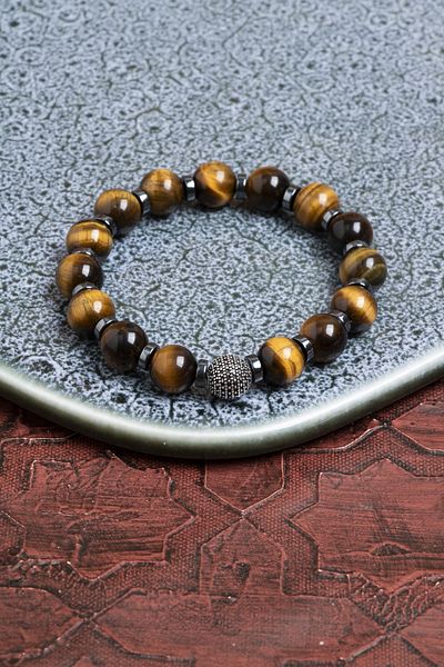 Saff Doğal Taş Certified Tiger Eye and Hematite Bracelet – Strength and Focus Icon with Silver Accents