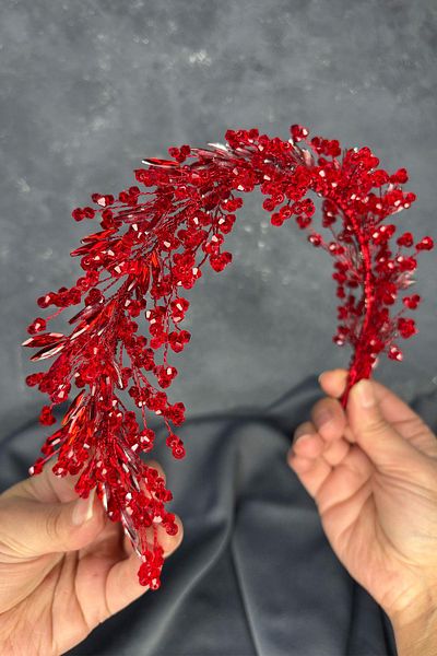 Hayalperest boncuk Red Hera Crystal Beaded Bridal Henna Crown Hair and Turban Accessory