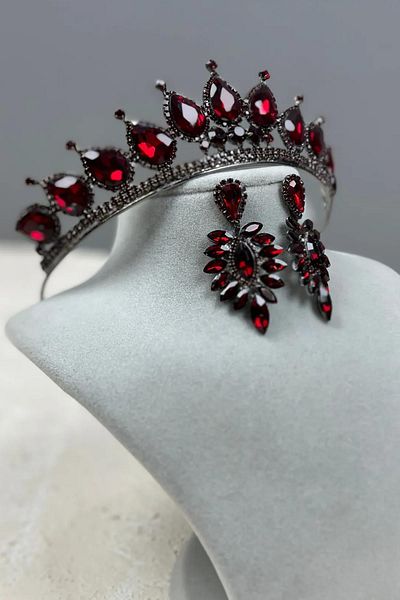 Hayalperest boncuk Neri Model Wedding Henna Costume Crown and Drop Earrings Set Burgundy