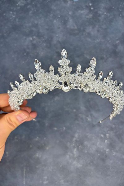 Hayalperest boncuk Transparent Silver Lycia Bead Embroidered Bridal Henna Crown