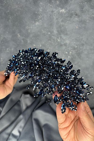 Hayalperest boncuk Navy Blue Elena Intense Bead Embroidered Bridal Crown Hair and Turban Accessory