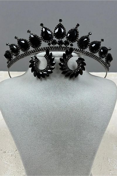 Hayalperest boncuk Neri Model Wedding Henna Costume Crown and Leaf Earrings Set Black