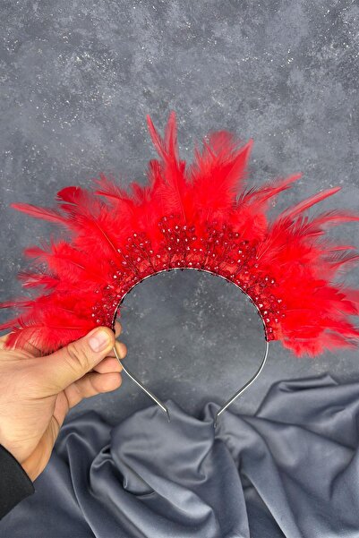 Hayalperest boncuk Arden bridal henna crown with red feather crystal beads