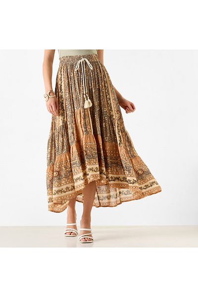 FAV All-Over Print Midi Skirt with Drawstring Closure and Asymmetrical Hemline