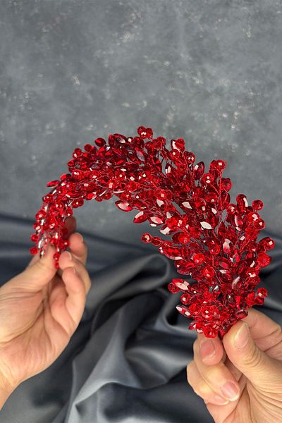 Hayalperest boncuk Red Elisa Beaded Bridal Henna Crown Hair and Turban Accessory