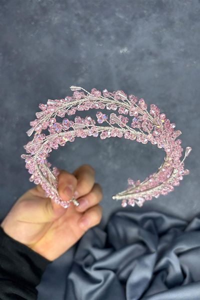 Hayalperest boncuk Pink Sare Model Double Row Bridal Henna Crown Hair Accessory