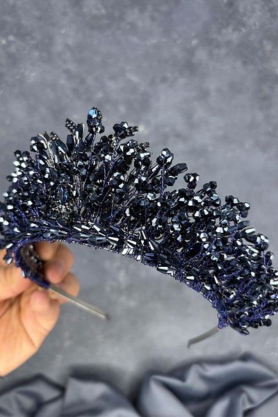 Hayalperest boncuk Navy Blue Livan Beaded Bridal Henna Crown Hair Accessory