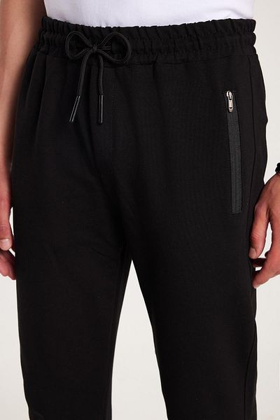 Tudors Unisex Standard Fit Βαμβακερές τσέπες με φερμουάρ με 2 νήματα Ελαστικό δέσιμο ίσιο μαύρο παντελόνι