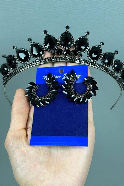 Hayalperest boncuk Neri Model Wedding Henna Costume Crown and Leaf Earrings Set Black