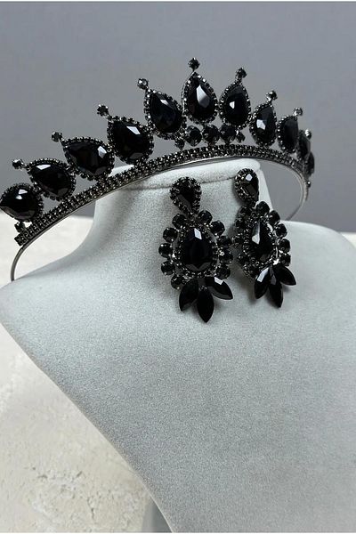 Hayalperest boncuk Neri Model Wedding Henna Costume Crown and Shuttle Earrings Set Black