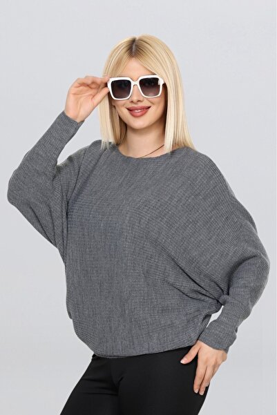 LocaMz Kayık Yaka Yarasa Kol Selanik Örgü Yumuşak Dokulu Salaş Bluz