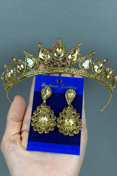 Hayalperest boncuk Neri model bridal wedding henna crown and shuttle earring set gold