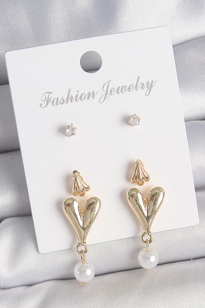 SeyCey.co Brass Gold Color Zircon Stone Pearl Dangle Heart Model 3 Pair Women's Earring Set
