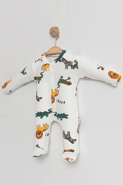 LOGO AKSESUAR Baby Boy Newborn Animal Printed Snap Fastener Combed Cotton Long Sleeve Jumpsuit