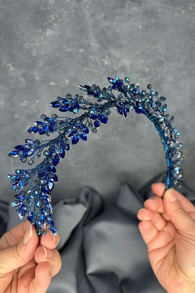 Hayalperest boncuk Indigo Blue Laurel Bridal Crown Hair and Turban Accessory
