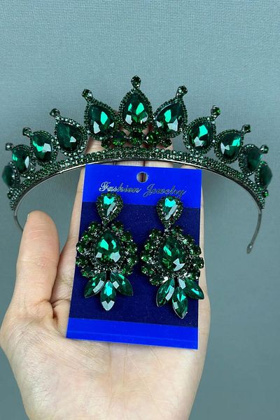 Hayalperest boncuk Neri Model Wedding Henna Costume Crown and Shuttle Drop Earrings Set Green