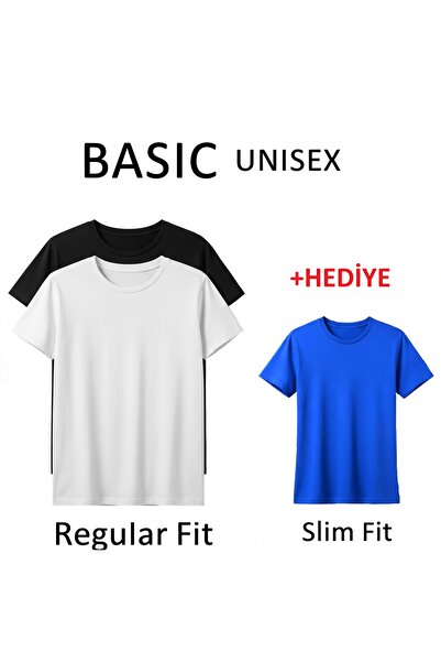 Düz Siyah ve Düz Beyaz İkili Basic Unisex Regular Fit Tişört (Mavi Slim Fit Tişört Hediyeli)