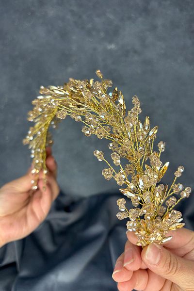 Hayalperest boncuk Honey Color Hera Crystal Beaded Bridal Henna Crown Hair and Turban Accessory