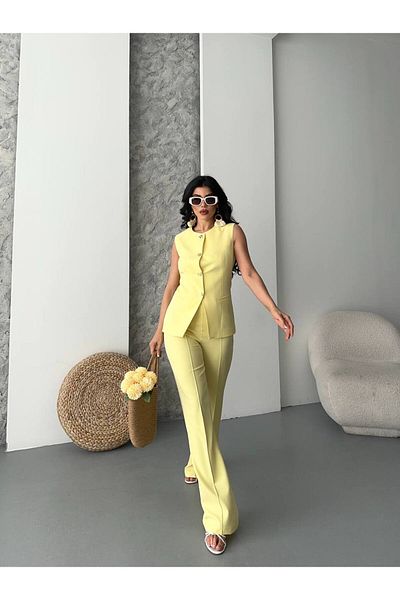 ZF BUTİK Damen-Unter-Oberteil-Set, stilvolles, detailliertes Weste-Hosen-Zweiteiler-Set mit Knöpfen