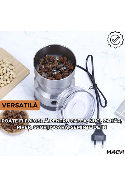 MACVI Rasnita electrica Macvi® pentru cafea, condimente si nuci, 100W, lame inox, argintiu